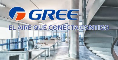 Muestra el logotipo de GREE y su eslogan. En el fondo se aprecia una oficina con diseño futurista